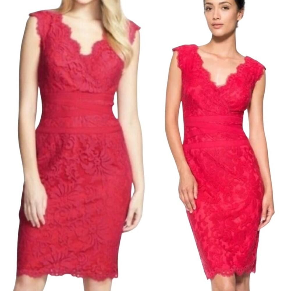 Tadashi Shoji Embroidered Lace Cocktail Dress Sheath V Neck Red Pink Womens 4